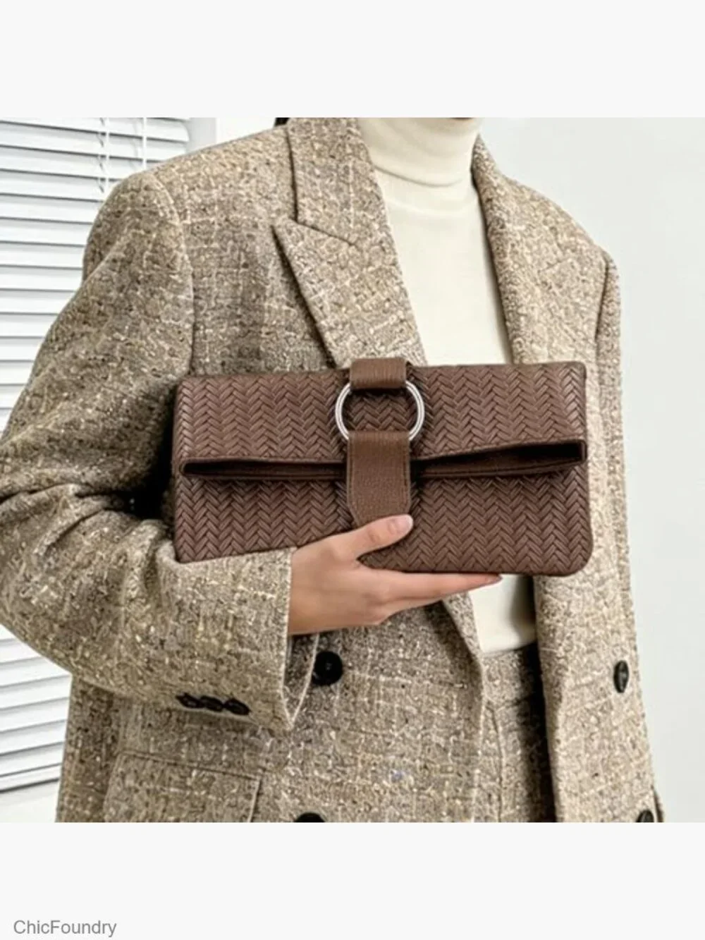 Woven PU Leather Evening Clutch with O-Ring Buckle for Women
